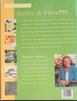 Clean back cover of Cooking with Herbs & Flowers by Margaret Roberts showing the blurb and barcode. Photo by Karin's Treasures. 